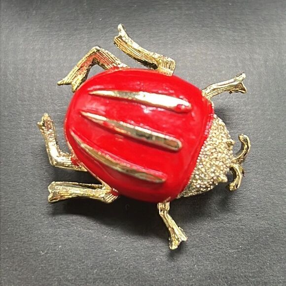 Vintage Gerrys Red Beetle Brooches Set of 2 Gold Tone Insect Pin Fashion Jewelry - Picture 2 of 8